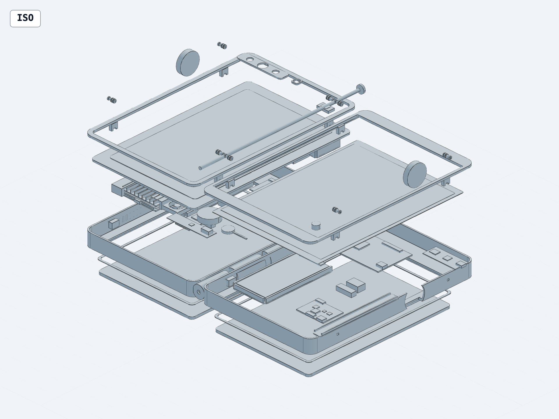 Exploded v1.5 CAD showing dual solar skins, casings, displays, compute, front camera cluster, dual power systems, integrated projector, and service hardware